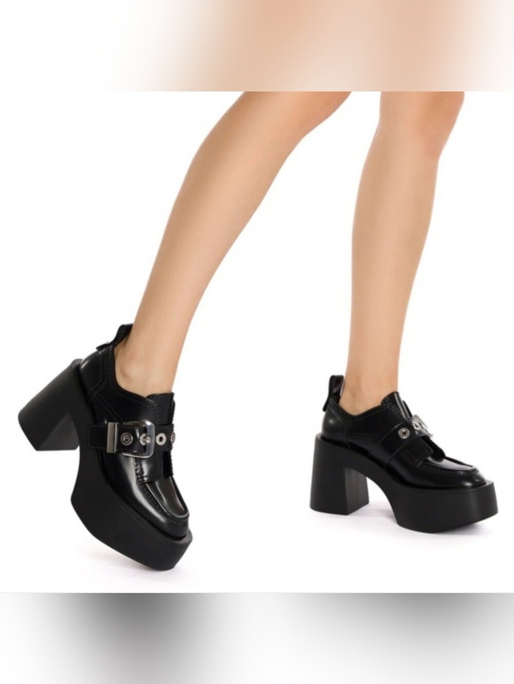 Larroude Black Patent Platform Buckle Loafers